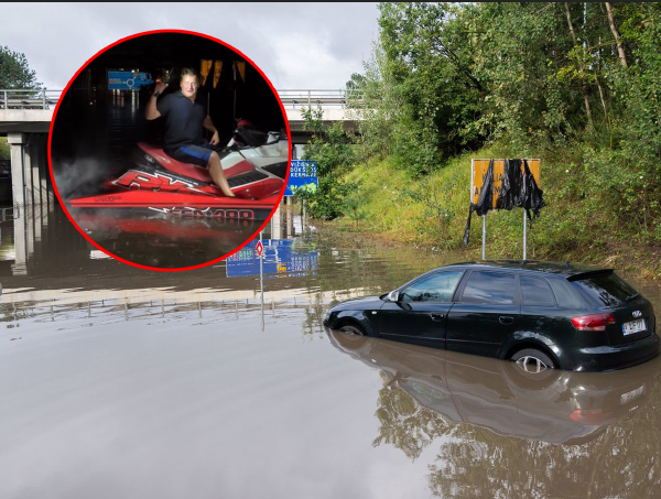 Vilniaus potvynio fone – netikėtas sprendimas: vyras gatvę įveikė vandens motociklu